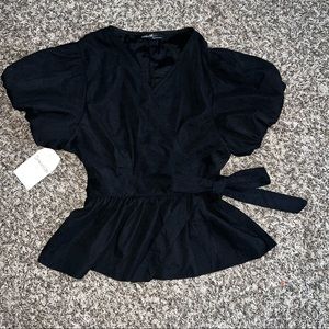 Wrap around black top with cute puff sleeves